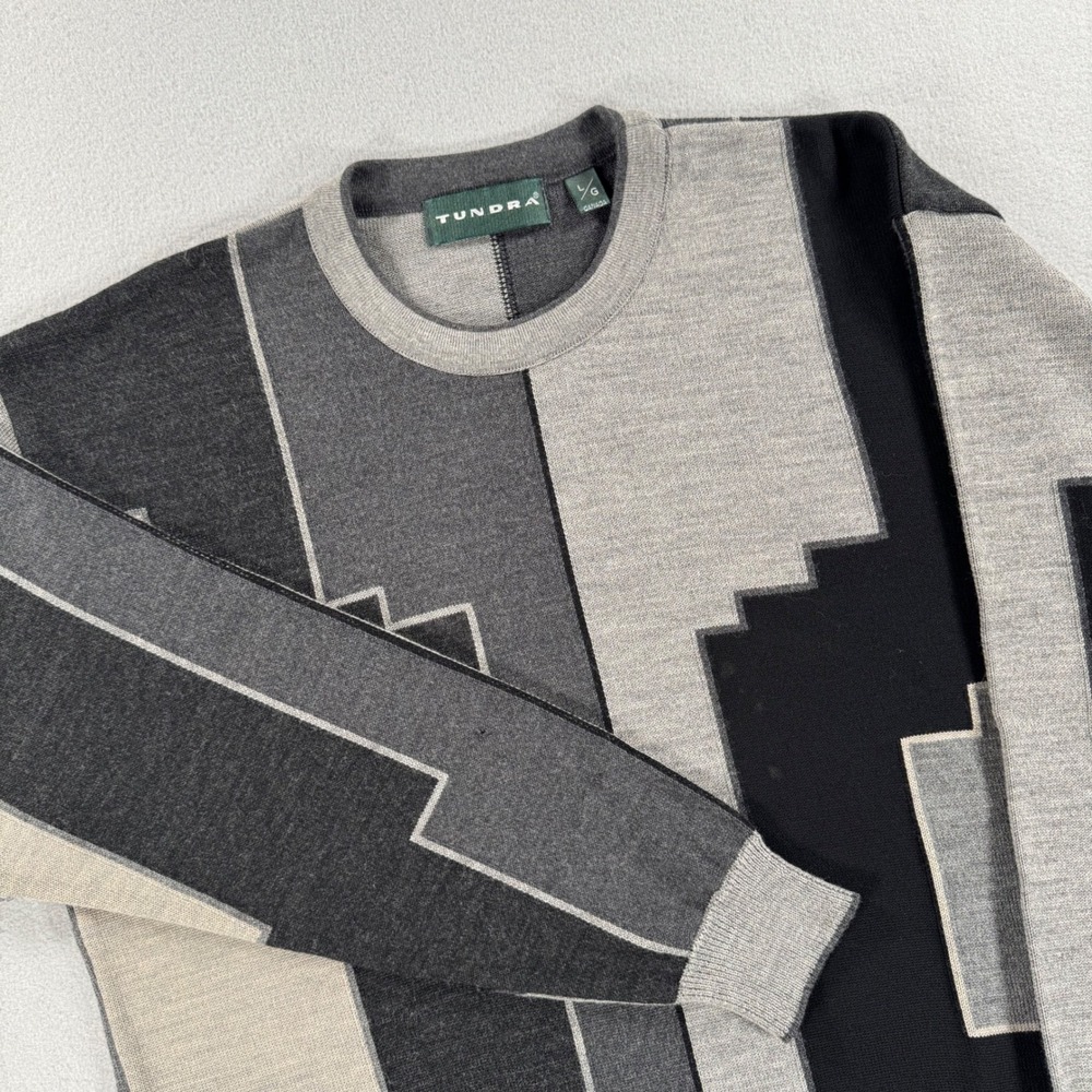 Tundra Sweater Geometric Colorblock Large Grey Black Merino Wool Canada Made